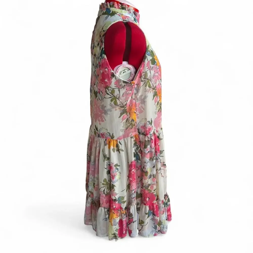 Bleecker 126 Multicolored Floral Sleeveless Dress With‎ Ruffled Collar Large